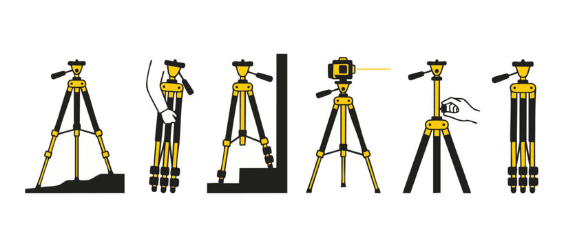 Camera Tripod Usage Guide Illustration, Professional Photography Equipment Set, Showing Adjustment and Stabilization Techniques for Photographers, Flat Vector Icon Design for Technical Instruction Man