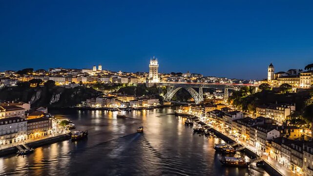 Porto Portugal Cityscape at Night with Douro River and Dom Lus I Bridge.