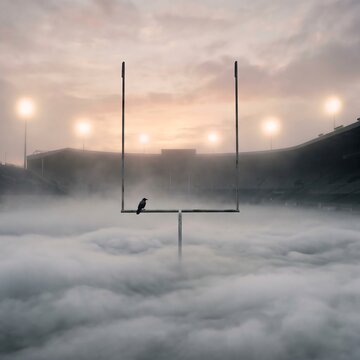 American football goal post in foggy stadium with bird on crossbar at sunrise