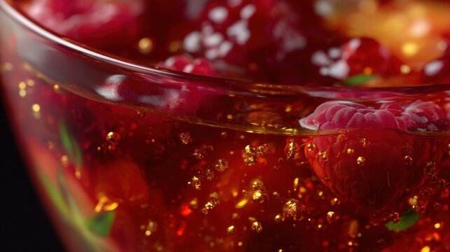 Close-up of a glass bowl filled with a red-colored liquid. the liquid appears to be a type of fruit salad, as there are small bubbles visible on the surface.
