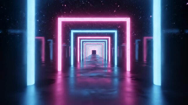 Neon light tunnel with glowing frames symbolizing conceptual art and dynamic energy