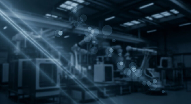 Futuristic Industrial Factory Background With Robotic Arms, Perfect for Advertising and Hero Banners With Copy Space and Blur Effects