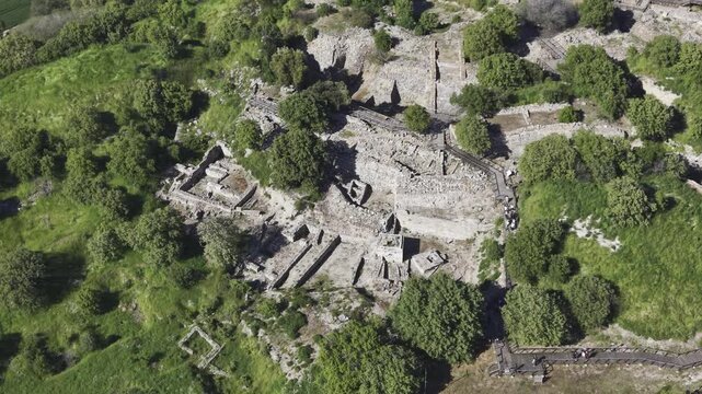 Aerial Drone View of Ancient Troy Archaeological Site in Canakkale Turkey UNESCO World Heritage Site