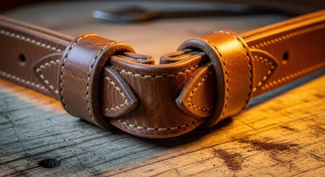 Weathered brown leather straps bound tightly showing intricate stitching and aged texture