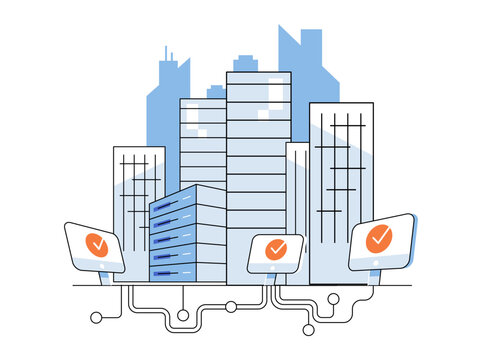 Urban smart city with server racks and screens vector illustration. Data management, connectivity, cloud computing, smart grid, network security, urban planning. City skyline with hardware