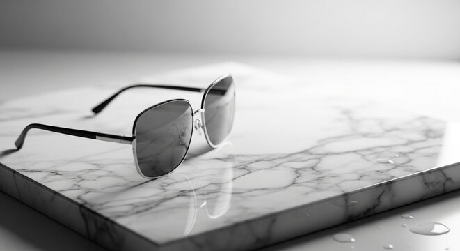 Aviator sunglasses, black frames, reflective lenses, marble surface, minimalist still life