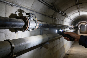 Fototapeta premium Hand holding flashlight inspecting large industrial pipes in a dark concrete tunnel