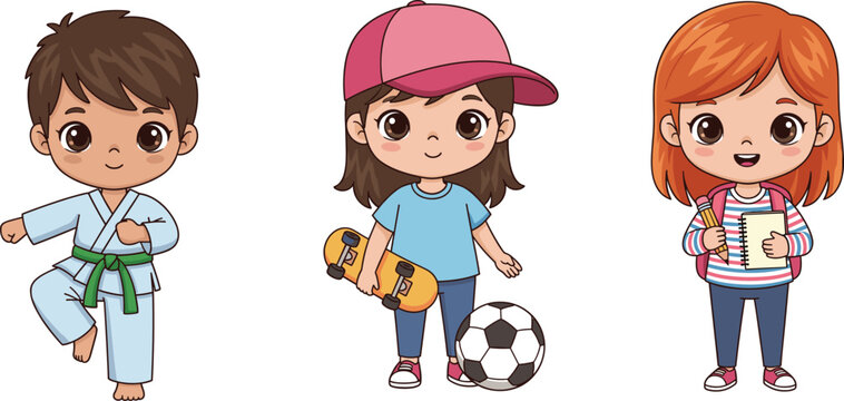 Colorful cartoon illustration of diverse children engaging in karate, skateboarding, soccer, and school study activities together