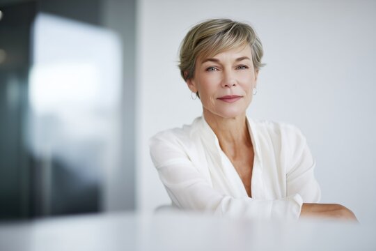 Confident mature business woman executive sitting in office looking at camera, professional female manager entrepreneur portrait for corporate website and leadership branding
