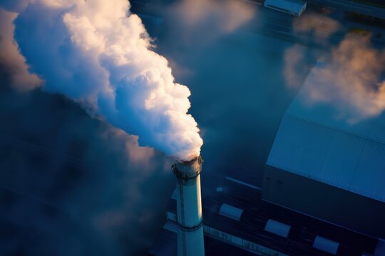 Industrial chimney emitting dense smoke over factory area at dusk, air pollution and carbon emissions for environmental reporting and sustainability communication