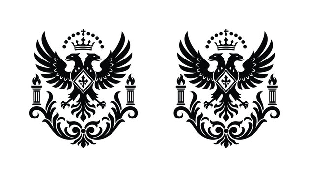 Imperial double headed eagle coat of arms vector icon in silhouette and outline style for royal and heraldic design themes isolated on white background