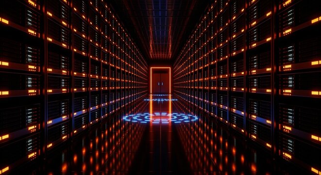Futuristic Digital Server Room with Rows of Racks, Glowing Orange and Blue Lights, and a Neon