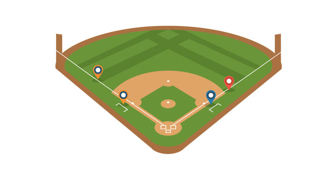 Bird's eye view of a baseball field with markers indicating player positions, ideal for sports strategy and game analysis
