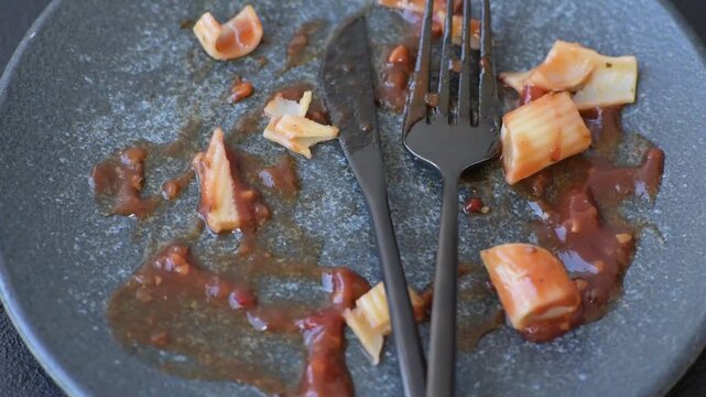 A dirty plate after a meal with leftover pasta and tomato sauce, clutter, cleaning, household chores. An empty dirty plate as a background for your design