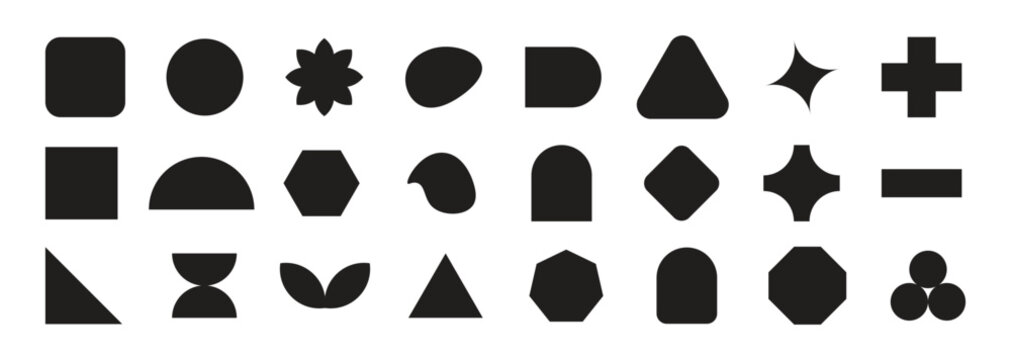 Abstract and basic shapes set.  geometric flower shape, star figure vector icon kit, funky retro brutal minimal vector collection.polygonal elements with sharp and rounded edges.