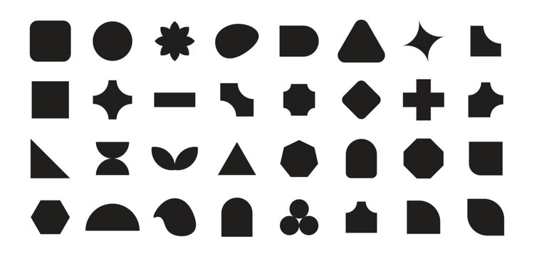 Abstract and basic shapes set.  geometric flower shape, star figure vector icon kit, funky retro brutal minimal vector collection.polygonal elements with sharp and rounded edges.