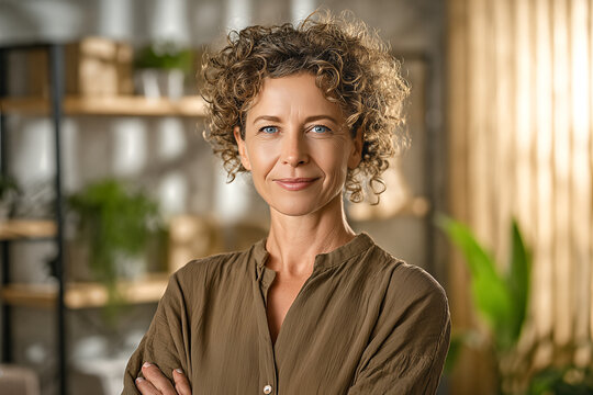 Mid - 40s business consultant with curly short hair wearing an olive mandarin - collar blouse, arms crossed and confident smile in warm home office with plants