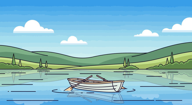 Empty wooden rowboat floating peacefully on calm lake water.