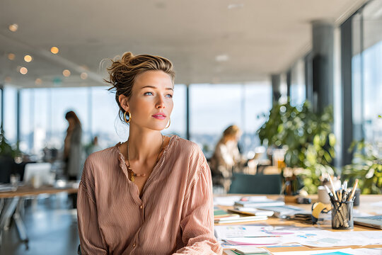 Blonde businesswoman in peach striped blouse and gold hoops, thoughtful gaze and messy bun at sunlit glass - walled openplan desk with scattered charts