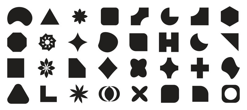 Abstract and basic shapes set.  geometric flower shape, star figure vector icon kit, funky retro brutal minimal vector collection.polygonal elements with sharp and rounded edges.