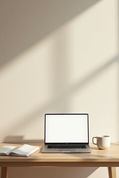 Escena minimalista de escritorio para creador de contenido con laptop en pantalla blanca