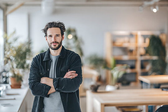 Young bearded entrepreneur with arms crossed and confident half - smile in bright open - plan office wearing dark corduroy jacket