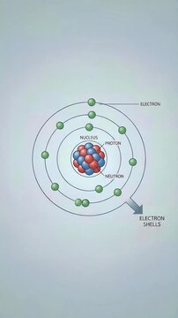 Atom model depicting dynamic electron movement, around a central nucleus, showing proton and neutron components within the core, illustrating orbital shell energy level physics.