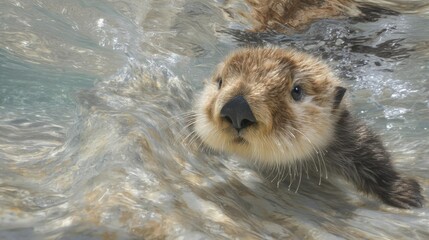 Fototapeta premium Close-up of a sea otter floating in the water. the otter is facing towards the right side of the image, with its head above the surface of the water and its body partially submerged.