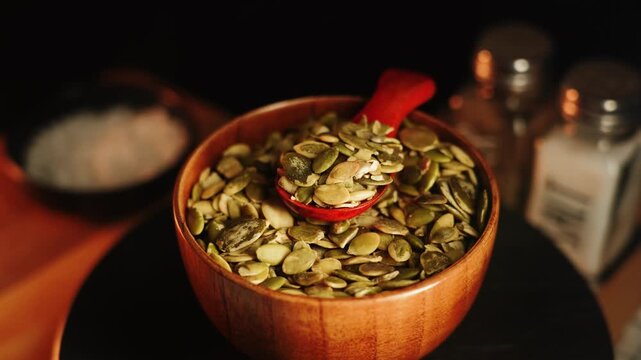 Peeled pumpkin seeds in a wooden bowl with a red spoon on a dark table at night