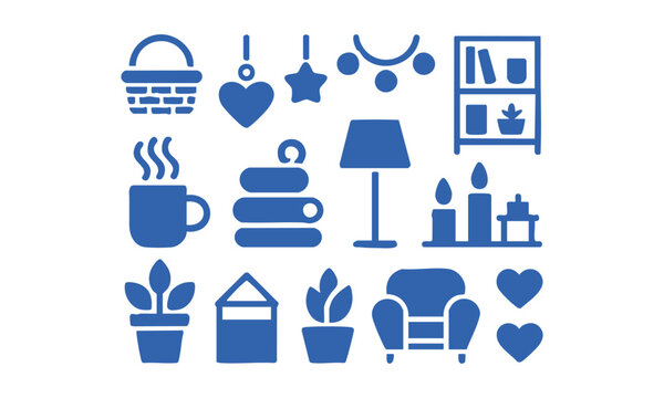 Decorative home lifestyle icons in simple flat outline vector design.