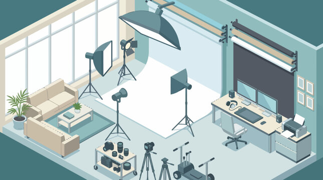 An isometric illustration showcasing a modern photography studio filled with props, lighting equipment, and backdrops, perfect for any creative professional.