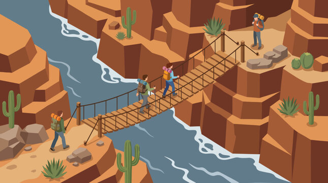 A vibrant illustration of hikers using a rope bridge in a desert landscape represents adventure, exploration, and the thrill of outdoor experiences among cacti and nature.