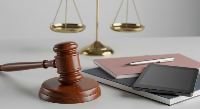 Gavel and Scales of Justice on Desk with Tablet and Books, Legal Concept