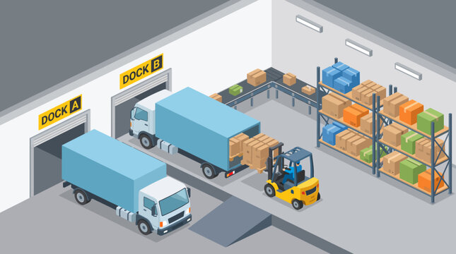 An organized warehouse scene depicting the process of unloading goods from trucks and using a forklift to manage inventory in a busy, efficient environment.