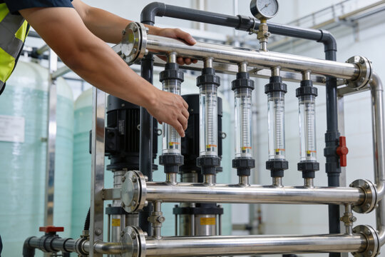 Industrial worker checks flow meters on a water purification system with multiple tanks