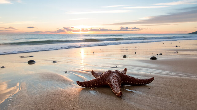 A serene beach scene at sunset with a large brown starfish in the foreground, positioned on golden sand.