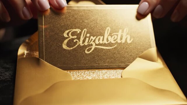Hands opening a gold envelope to reveal a card with the name Elizabeth. Elegant gold stationery and personalized invitation concept. Luxury greeting card reveal