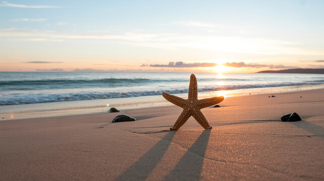 A serene beach scene at sunset with a large brown starfish in the foreground, positioned on golden sand.