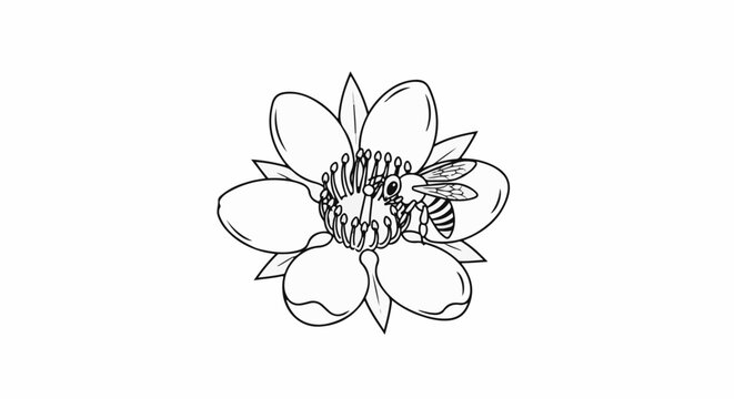 A black and white line drawing of a bee collecting nectar from a flower