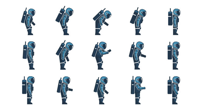 Pixel Art Astronaut Character Sprite Sheet with Multiple Poses