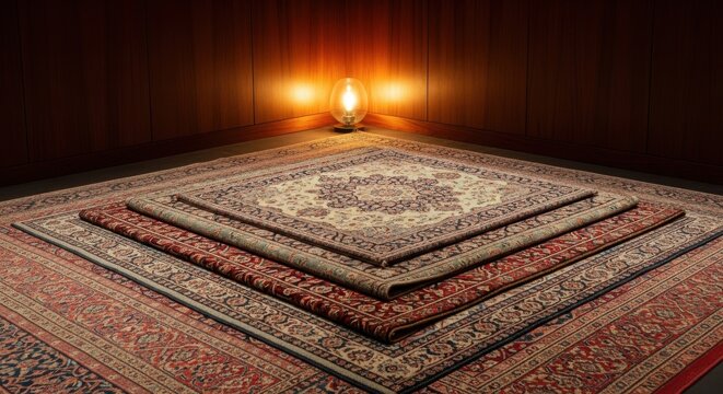 Layered Persian Style Rugs in Muted Jewel Tones with Warm Ambient Lighting