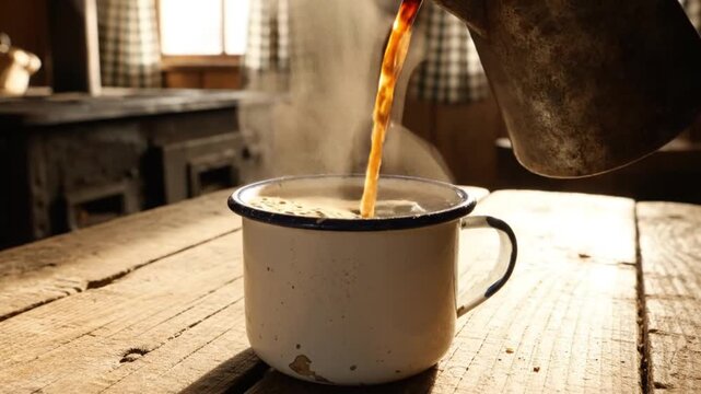 Pouring Hot Coffee Into Vintage Enamel Mug On Rustic Wooden Table - Cozy Cabin Morning Scene
