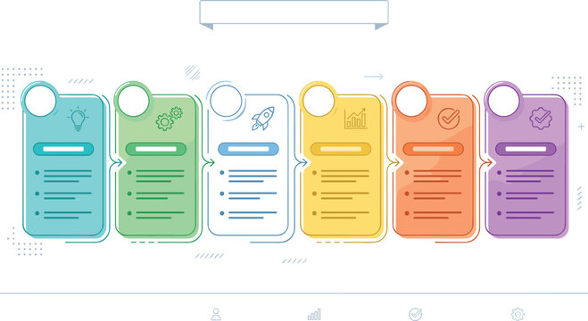 Colorful Business Infographic Cards Illustration with Process Steps Features Checklist and Strategy Information Panels for Web Application UI Design