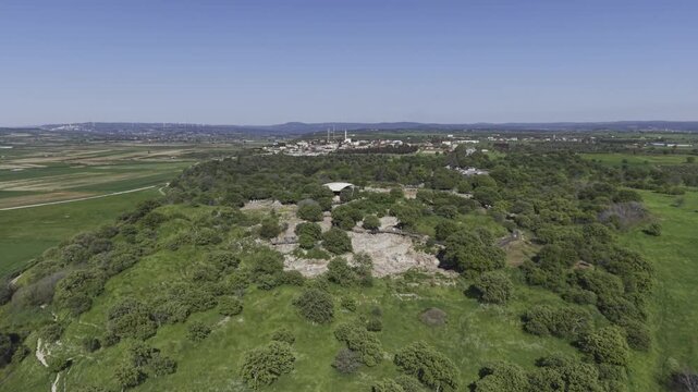 Aerial Drone View of Ancient Troy Archaeological Site in Canakkale Turkey UNESCO World Heritage Site