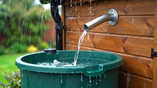 Rainwater flowing from a pipe into a green water butt. Collecting rain in a garden barrel during a storm. Sustainable water conservation and gardening concept