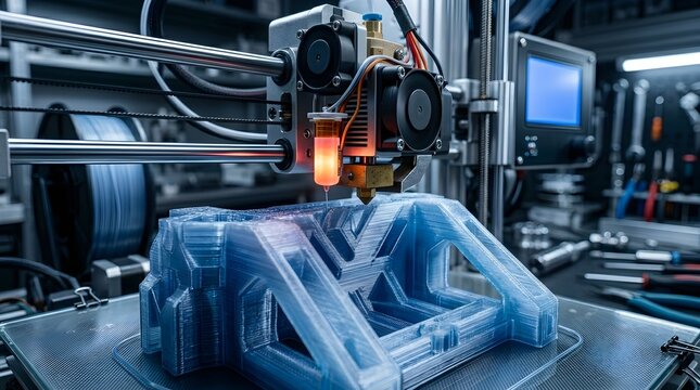 A 3D printer creates a blue plastic object in an industrial workshop setting.