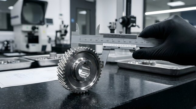 Technician measures gear with vernier caliper on workbench in lab