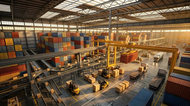 Worker approaches cold room freezer with cargo containers inside warehouse