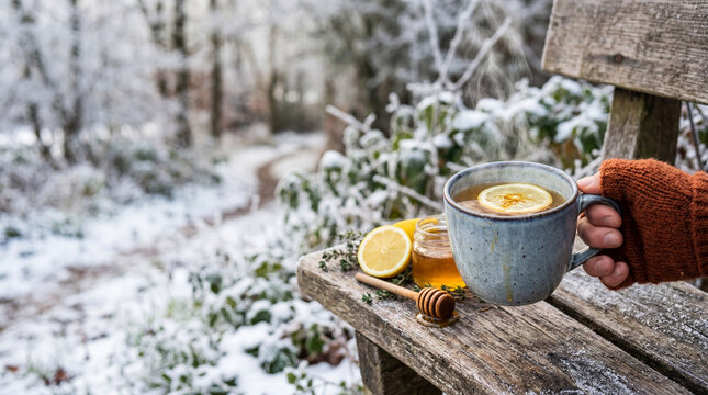 Cozy Refreshment on a Snowy Day: Hand Holds Hot Drink with Lemon and Honey on a Wooden Bench in Winter Forest.  Winter concept.