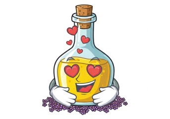Obraz premium cheerful love potion bottle with floating hearts and happy face in purple lavender setting